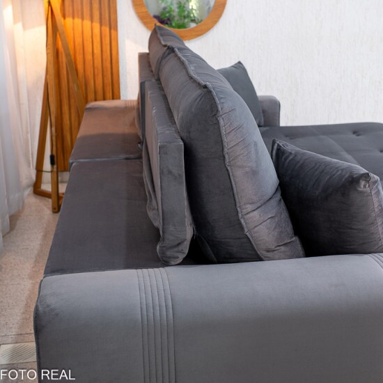 Sof� Retr�til Reclin�vel Ruah 2,90m Veludo Chumbo 4053 - Molas Ensacadas