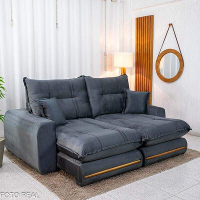 Sof� Retr�til Reclin�vel Chicago 2.30m Veludo Grafite A15 - Molas Ensacadas