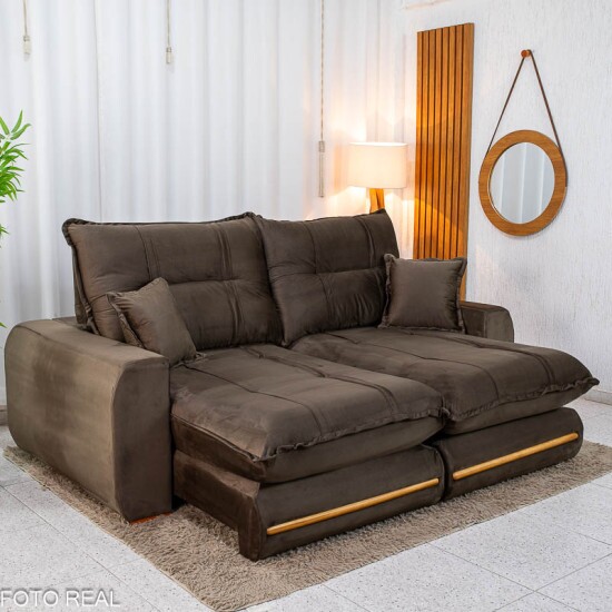 Sof� Retr�til Reclin�vel Chicago 2.30m Veludo Marrom A17 - Molas Ensacadas