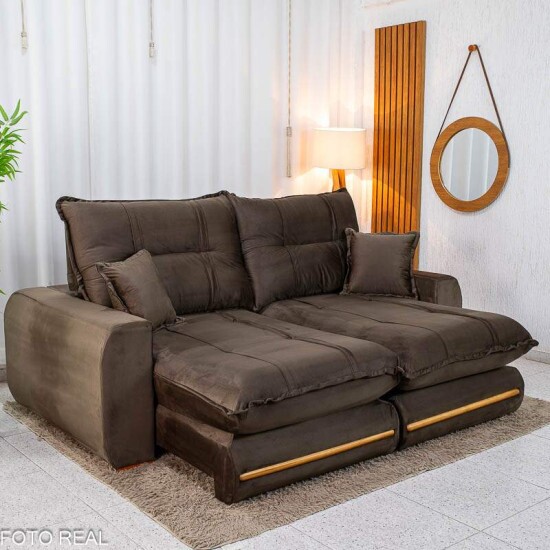 Sof� Retr�til Reclin�vel Chicago 2.50m Veludo Marrom A17 - Molas Ensacadas