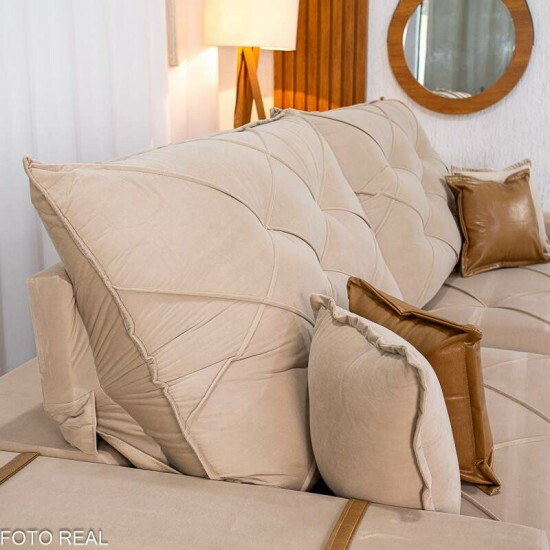 Sof� Retr�til Reclin�vel Malibu 2,90m Veludo Bege 827 - D33 e Molas Ensacadas