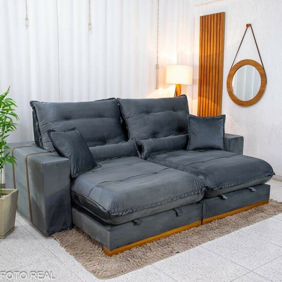 Sof� Retr�til Reclin�vel M�naco 2,50m Veludo Grafite A15 - Molas Ensacadas