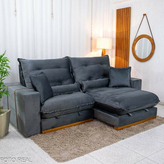 Sof� Retr�til Reclin�vel M�naco 2,50m Veludo Grafite A15 - Molas Ensacadas