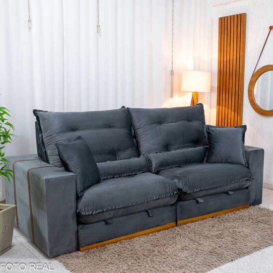 Sof� Retr�til Reclin�vel M�naco 2,50m Veludo Grafite A15 - Molas Ensacadas
