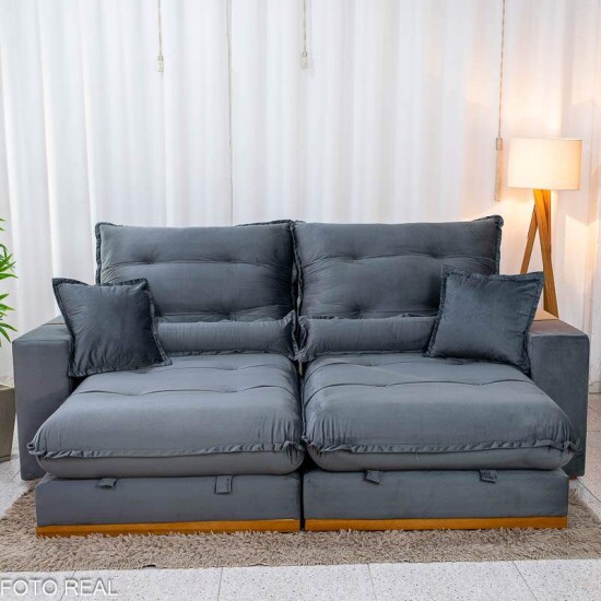 Sof� Retr�til Reclin�vel M�naco 2,50m Veludo Grafite A15 - Molas Ensacadas