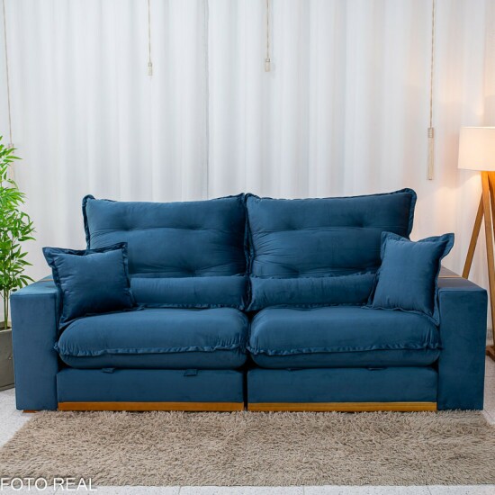 Sof� Retr�til Reclin�vel M�naco 2.50m Veludo Azul A16 - Molas Ensacadas