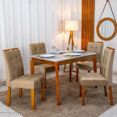 Mesa de Jantar Alegra Tampo Vidro Off 120�80 Madeira Maci�a - JCM + 4 Cad. Londres Veludo Avel� Madeira Minas Plac - Entregue Montada