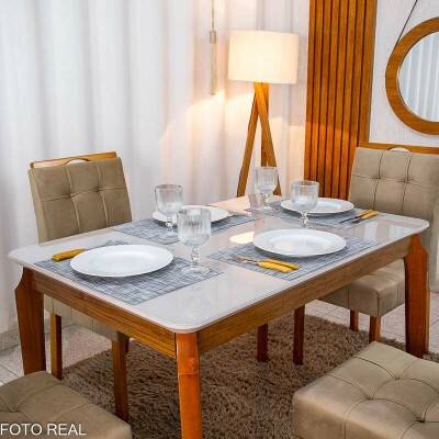 Mesa de Jantar Alegra Tampo Vidro Off 120�80 Madeira Maci�a - JCM + 4 Cad. Londres Veludo Avel� Madeira Minas Plac - Entregue Montada