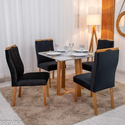Mesa de Jantar Bali 90x90 Vidro Off Base Madeira Minas Plac + 4 Cadeiras Lisboa Veludo Preto 504 Estrutura Madeira Art Assento | Entregue Montada