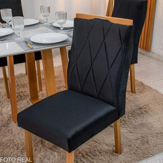 Mesa de Jantar Bali 90x90 Vidro Off Base Minas Plac + 4 Cadeiras Lisboa Veludo Preto 504 Art Assento - Entregue Montada