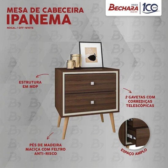Mesa de Cabeceira Ipanema Nogal/Off com 2 Gavetas - Bechara