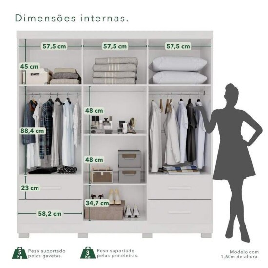 Guarda-roupa 1,80m Texas Premium Branco 6 Portas 4 Gavetas com Espelho - Sall�to