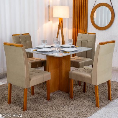 Mesa de Jantar Moscou 90x90 Vidro Off Base Cinamomo + 4 Cadeiras Londres Veludo Avel� Minas Plac - Entregue Montada