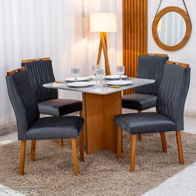 Mesa de Jantar Moscou 90x90 Vidro Off Base Cinamomo Minas Plac + 4 Cadeiras G�nova Veludo Cinza 507 Art Assento - Entregue Montada