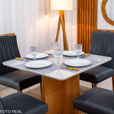 Mesa de Jantar Moscou 90x90 Vidro Off Base Cinamomo Minas Plac + 4 Cadeiras G�nova Veludo Cinza 507 Art Assento - Entregue Montada