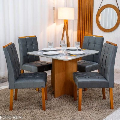 Mesa de Jantar Moscou 90x90 Vidro Off Base Cinamomo + 4 Cadeiras Londres Veludo Chumbo Minas Plac - Entregue Montada