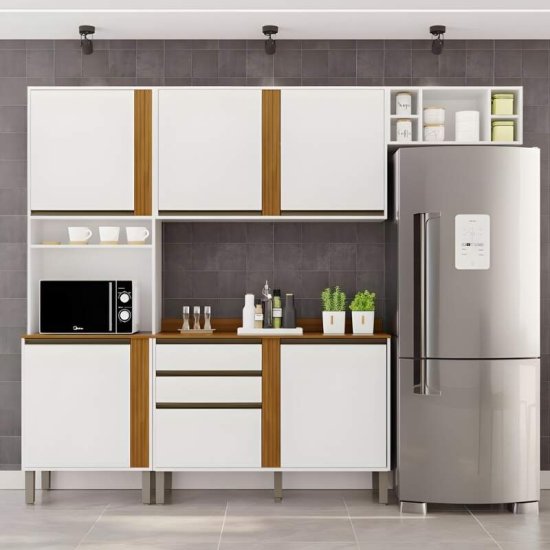 Cozinha 4 Pe�as P�rola Branco/Cinamomo: Torre Quente 0,66m + Balc�o 1,20m + A�reo 1,20m + Arm�rio de Geladeira 0,70m - Sall�to