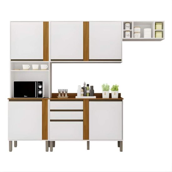 Cozinha 4 Pe�as P�rola Branco/Cinamomo: Torre Quente 0,66m + Balc�o 1,20m + A�reo 1,20m + Arm�rio de Geladeira 0,70m - Sall�to