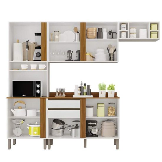 Cozinha 4 Pe�as P�rola Branco/Cinamomo: Torre Quente 0,66m + Balc�o 1,20m + A�reo 1,20m + Arm�rio de Geladeira 0,70m - Sall�to