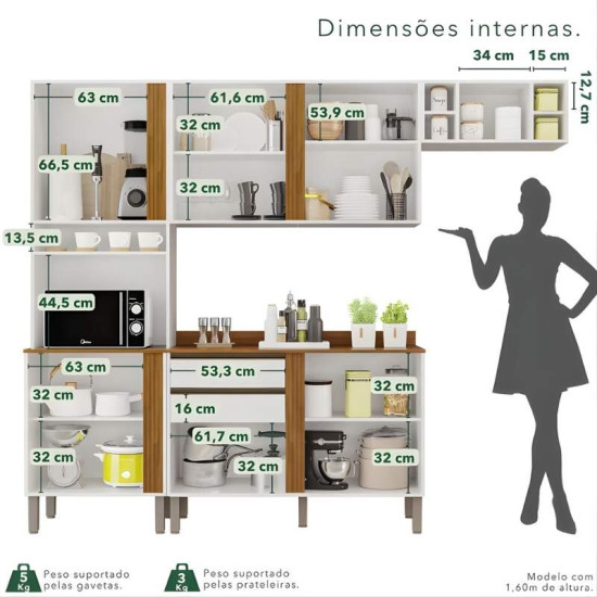 Cozinha 4 Pe�as P�rola Branco/Cinamomo: Torre Quente 0,66m + Balc�o 1,20m + A�reo 1,20m + Arm�rio de Geladeira 0,70m - Sall�to
