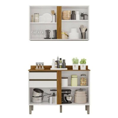 Balc�o P�rola Branco/Cinamomo 2 Portas e 2 Gavetas Larg 1.20m + A�reo P�rola 2 Portas Branco/Cinamomo Larg. 1.20m - Sall�to