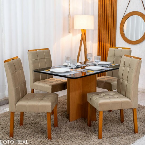 Mesa de Jantar Moscou 120x80 Vidro Preto Base Cinamomo + 4 Cadeiras Londres Veludo Avel� Minas Plac - Entregue Montada