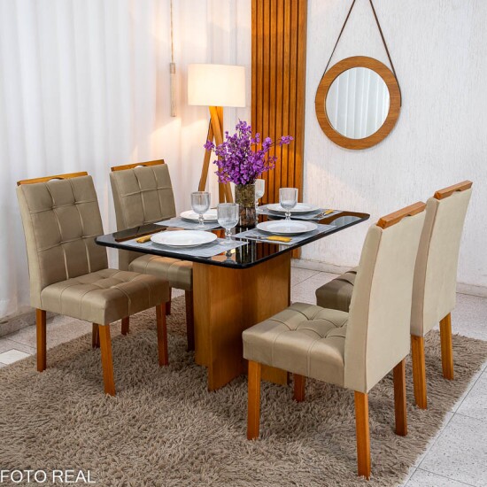 Mesa de Jantar Moscou 120x80 Vidro Preto Base Cinamomo + 4 Cadeiras Londres Veludo Avel� Minas Plac - Entregue Montada