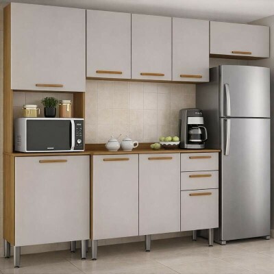 Torre Quente Cozinha New Val�ncia + Balc�o 1.20m + A�reo Triplo 3 Portas 1.20m + Arm�rio de geladeira New Val�ncia Cinamomo/Off - Sall�to