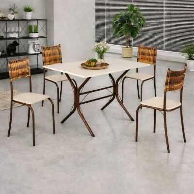 Mesa Atlanta Base Cabo Frio Marrom Tampo Off Pedra 100x60 4 Cadeiras Assento Creme - Teixeira