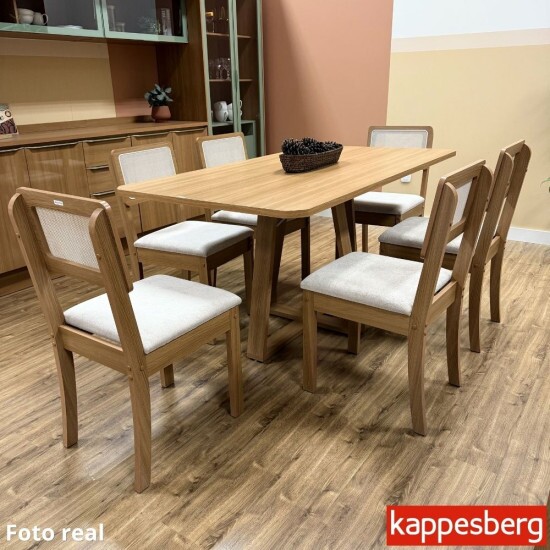 Mesa de Jantar BA68 Tampo MDF Madeirado 160x80 + 6 Cadeiras Gardeni Canela - Kappesberg
