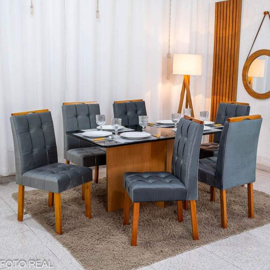 Mesa de Jantar Moscou 160x80 Vidro Preto Base Cinamomo + 6 Cadeiras Londres Veludo Chumbo Minas Plac - Entregue Montada