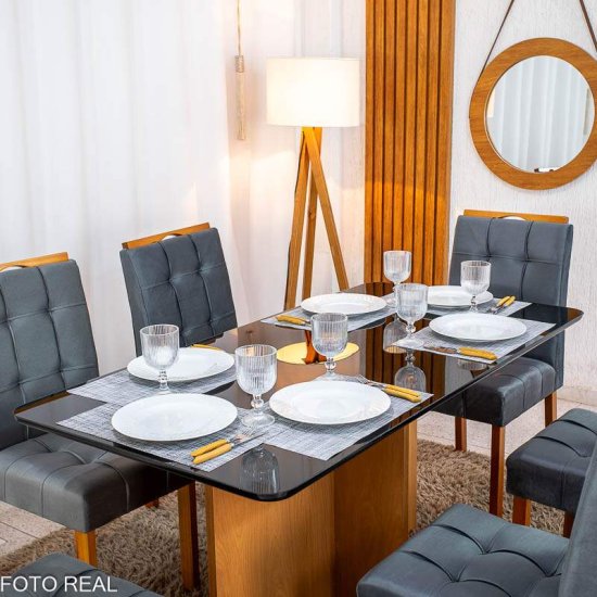 Mesa de Jantar Moscou 160x80 Vidro Preto Base Cinamomo + 6 Cadeiras Londres Veludo Chumbo Minas Plac - Entregue Montada