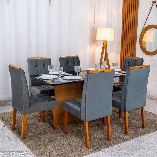 Mesa de Jantar Moscou 160x80 Vidro Preto Base Cinamomo + 6 Cadeiras Londres Veludo Chumbo Minas Plac - Entregue Montada