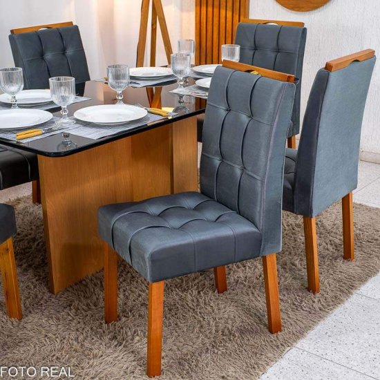 Mesa de Jantar Moscou 160x80 Vidro Preto Base Cinamomo + 6 Cadeiras Londres Veludo Chumbo Minas Plac - Entregue Montada