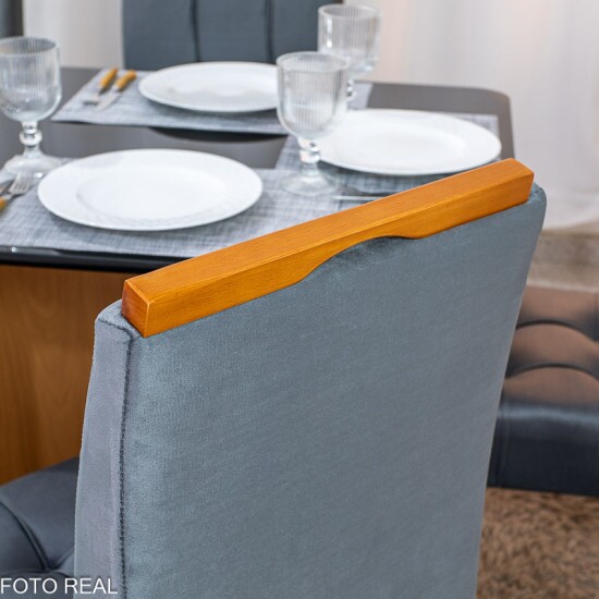 Mesa de Jantar Moscou 160x80 Vidro Preto Base Cinamomo + 6 Cadeiras Londres Veludo Chumbo Minas Plac - Entregue Montada