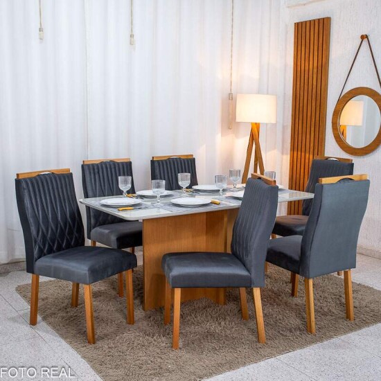 Mesa de Jantar Moscou 160x80 Vidro Off Base Cinamomo Minas Plac + 6 Cadeiras G�nova Veludo Cinza 507 Art Assento - Entregue Montada