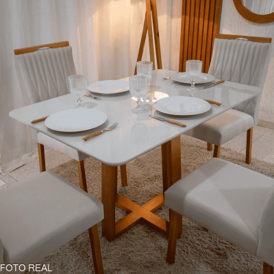 Mesa Bali 120�80 Vidro Off/Base Madeira Minas Plac + 4 Cadeiras G�nova Veludo Bege 512 Madeira Art Assento - Entregue Montada