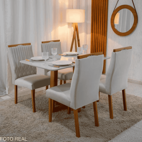 Mesa de Jantar Bali 120x80 Vidro Off Base Minas Plac + 4 Cadeiras G�nova Veludo Bege 512 Art Assento - Entregue Montada