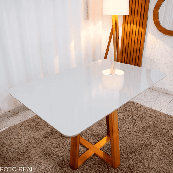 Mesa de Jantar Bali 120x80 Vidro Off Base Minas Plac + 4 Cadeiras G�nova Veludo Bege 512 Art Assento - Entregue Montada