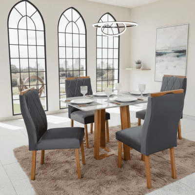 Mesa Bali 120�80 Vidro Off/Base Madeira Minas Plac + 4 Cadeiras Lisboa Veludo Cinza 507 Madeira Art Assento - Entregue Montada