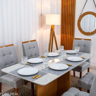 Mesa de Jantar Moscou 160x80 Vidro Off Base Cinamomo + 6 Cadeiras Londres Linho Prata Minas Plac - Entregue Montada