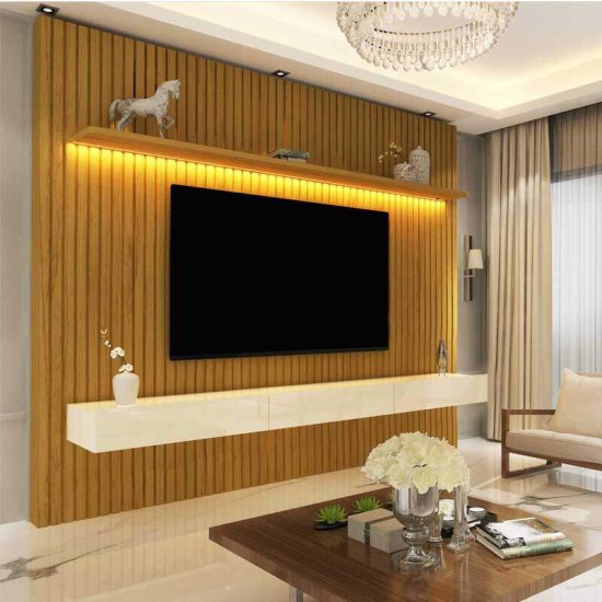 Painel 2,30m Nobre Naturale/Off com Detalhe Ripado, Nicho e LED 100% MDF para TV at� 85\" - Gelius
