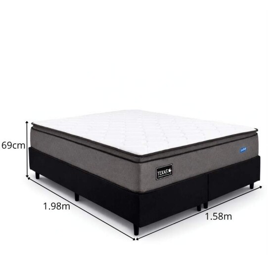 Colch�o Queen Texas Molas Ensacadas Gazin + Box Queen Bipartida Sued Preto Ortobel - 158x198x69 | Suporta at� 240kg