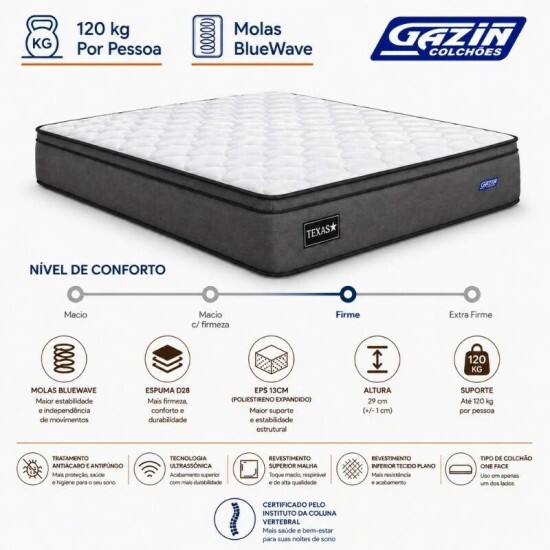Colch�o Queen Texas Molas Ensacadas Gazin + Box Queen Bipartida Sued Preto Ortobel - 158x198x69 | Suporta at� 240kg