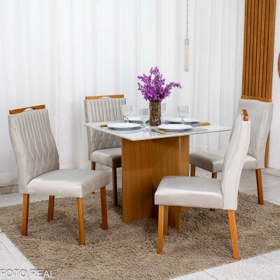 Mesa de Jantar Helo 90x90 Vidro Off Base Freij� Poliman + 4 Cadeiras G�nova Veludo Bege 512 Art Assento - Entregue Montada