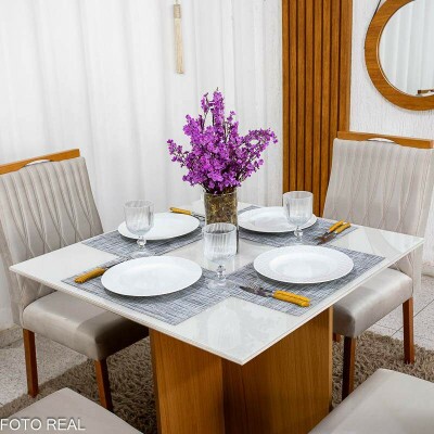 Mesa de Jantar Helo 90x90 Vidro Off Base Freij� Poliman + 4 Cadeiras G�nova Veludo Bege 512 Art Assento - Entregue Montada