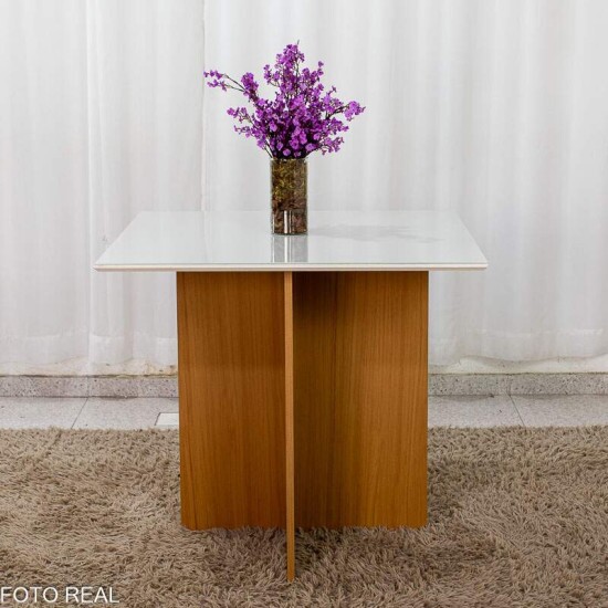 Mesa Helo 90�90 Vidro Off/Base Freij� Poliman + 4 Cadeiras Lisboa Veludo Bege 512 Madeira Art Assento - Entregue Montada