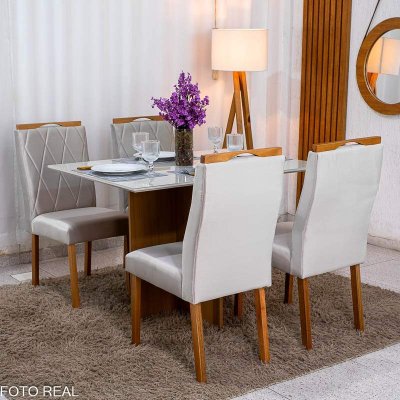 Mesa de Jantar Helo 120x90 Vidro Off Base Freij� Poliman + 4 Cadeiras Lisboa Veludo Bege 512 Art Assento - Entregue Montada