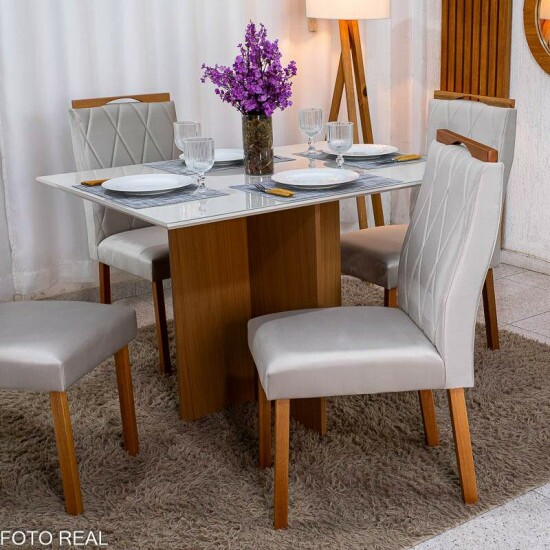 Mesa Helo 120�90 Vidro Off/Base Freij� Poliman + 4 Cadeiras Lisboa Veludo Bege 512 Madeira Art Assento - Entregue Montada