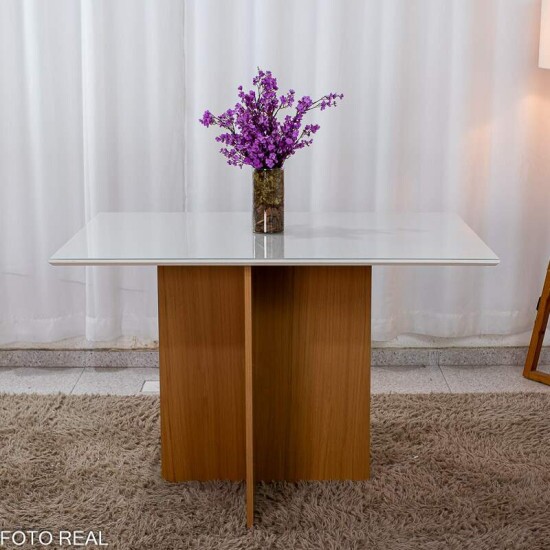 Mesa Helo 120�90 Vidro Off/Base Mel Poliman + 4 Cadeiras G�nova Veludo Bege 512 Madeira Art Assento - Entregue Montada